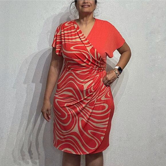Donna Morgan Red Faux Wrap Midi Dress Sz 14 - Picture 1 of 12